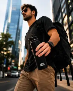 Man with a ZeroSpace water bottle in the city