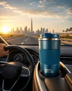 ZeroSpace travel coffee mug in a car in Dubai