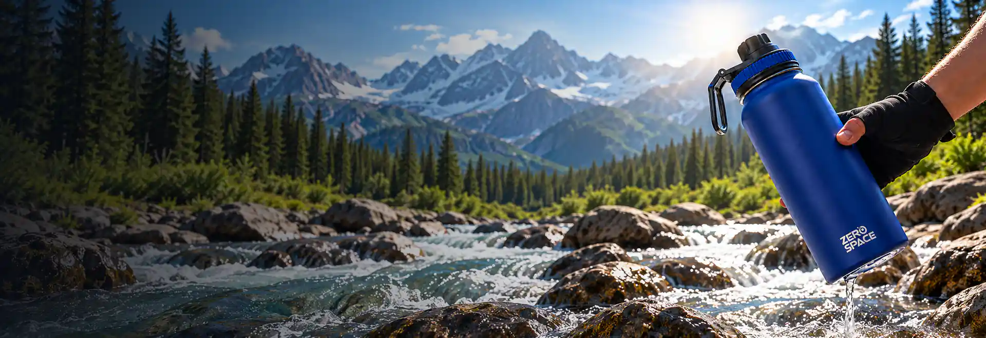 ZeroSpace blue insulated water bottle at a mountain stream